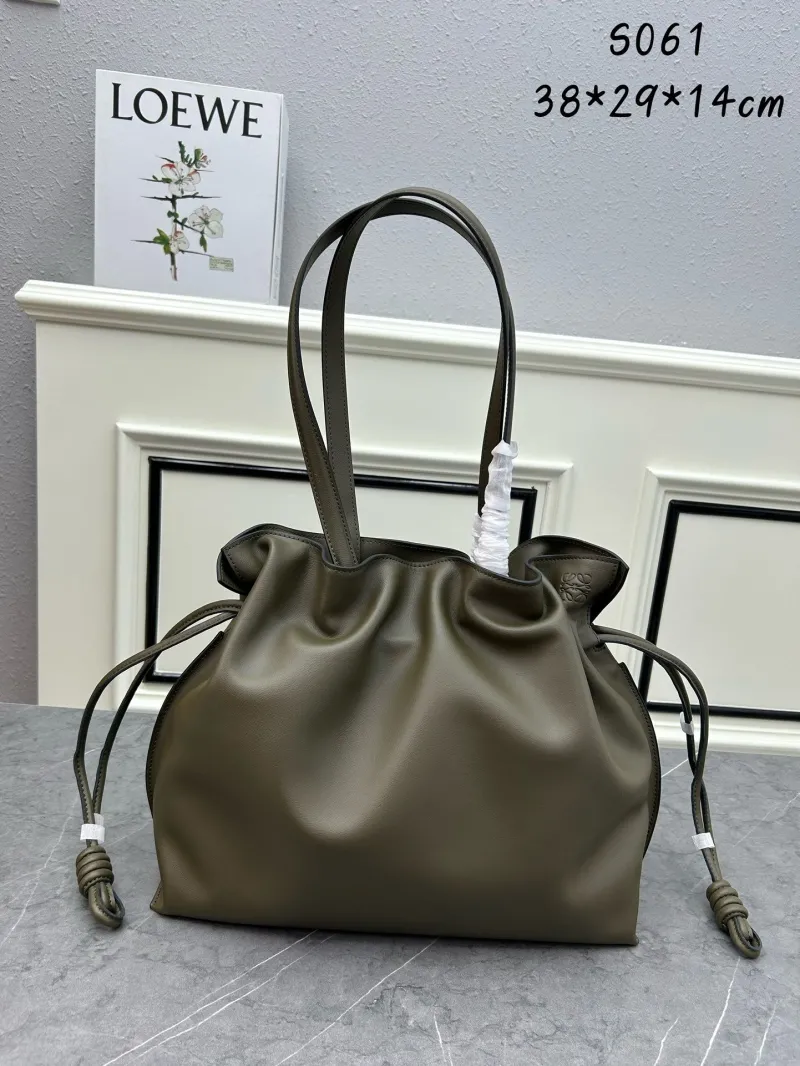 LOEWE S061 Olive Green Leather Tote Bag