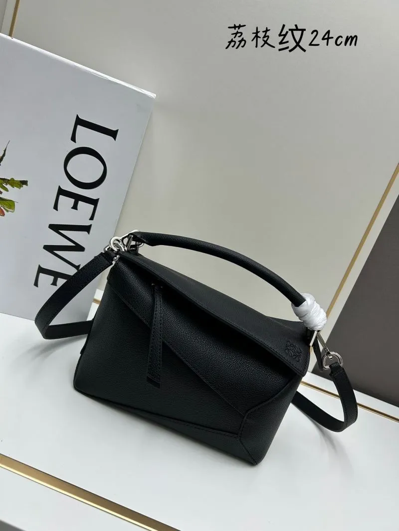 LOEWE Black Grained Leather Satchel Bag 24cm