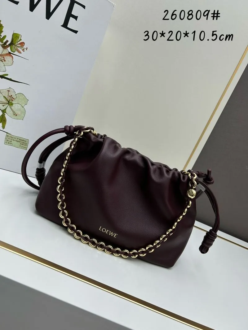 LOEWE Burgundy Leather Chain Satchel Bag 260809 30x20x10.5cm