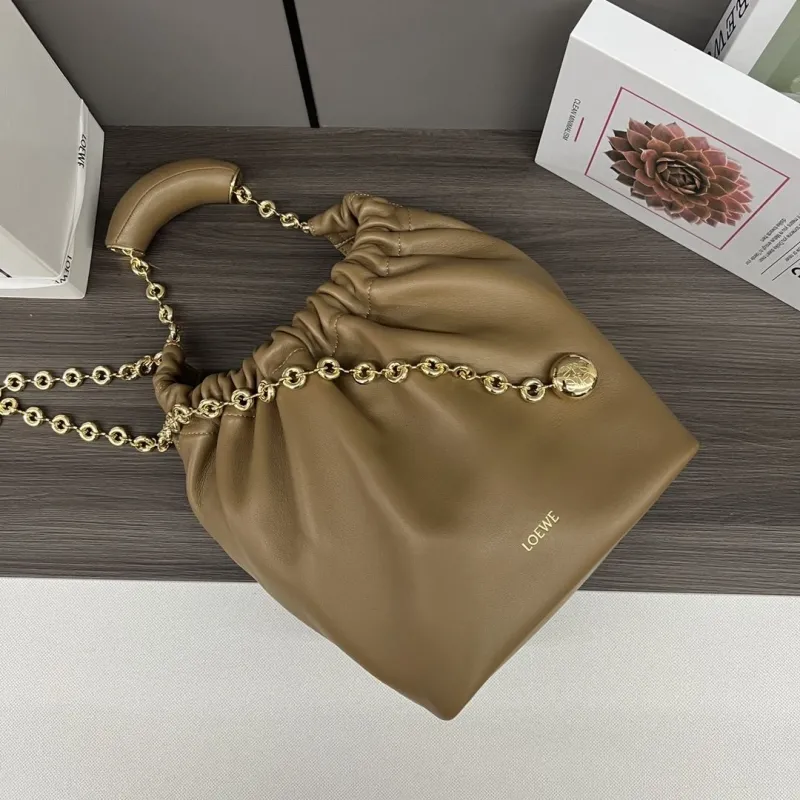 LOEWE Tan Leather Bucket Bag with Chain Strap - Image 4