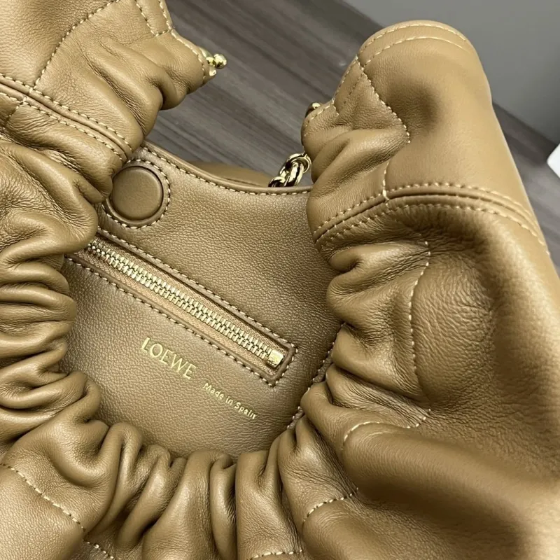 LOEWE Tan Leather Bucket Bag with Chain Strap - Image 9