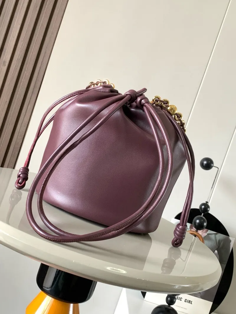LOEWE Plum Leather Bucket Bag with Chain - Image 4
