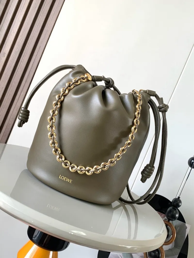 LOEWE Olive Green Leather Bucket Bag with Chain Strap