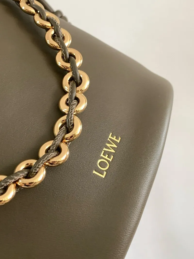 LOEWE Olive Green Leather Bucket Bag with Chain Strap - Image 5