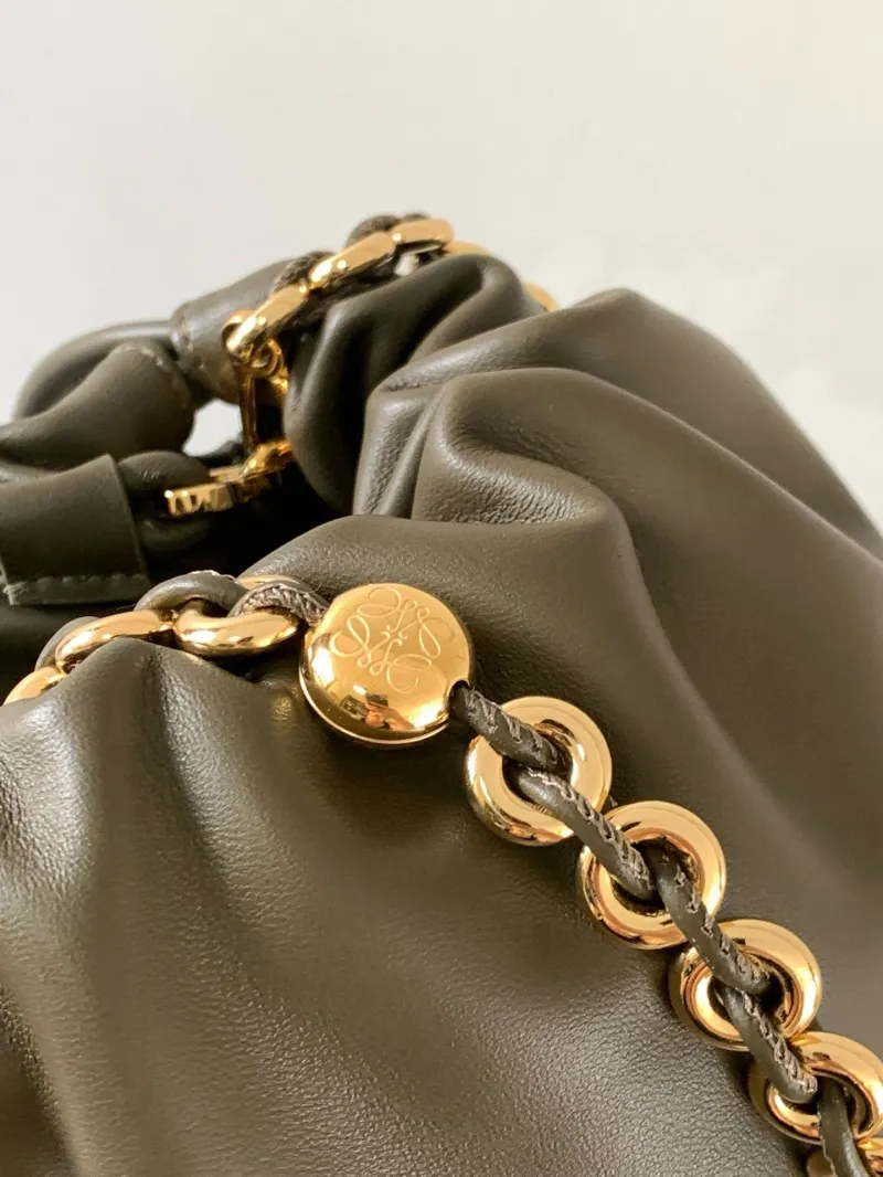 LOEWE Olive Green Leather Bucket Bag with Chain Strap - Image 7
