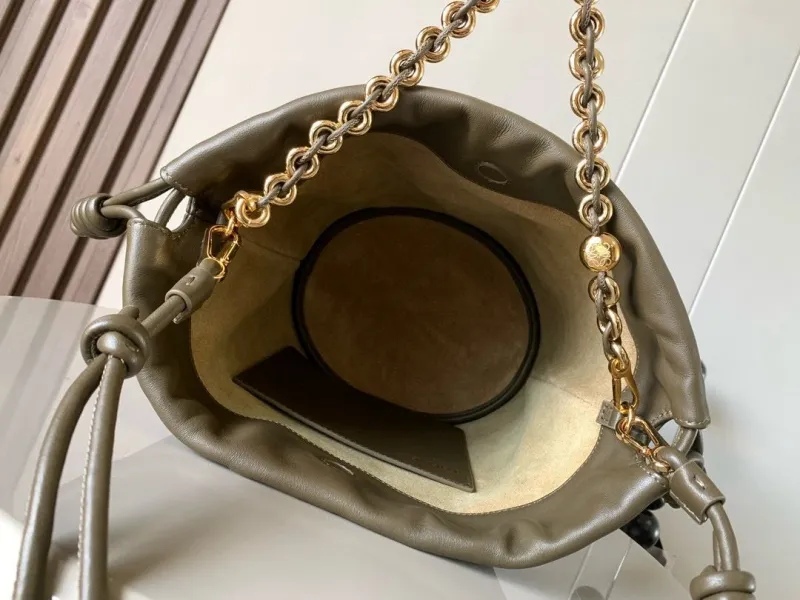 LOEWE Olive Green Leather Bucket Bag with Chain Strap - Image 8