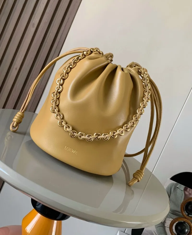 Loewe Tan Leather Bucket Bag with Gold Chain