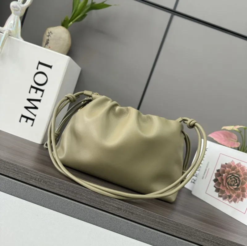 LOEWE Light Olive Leather Drawstring Clutch Bag - Image 3