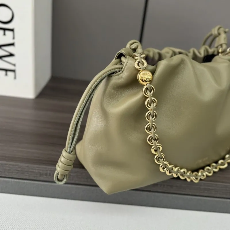 LOEWE Light Olive Leather Drawstring Clutch Bag - Image 5