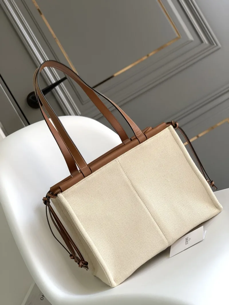LOEWE Cream and Brown Canvas Leather Tote Bag - Image 3