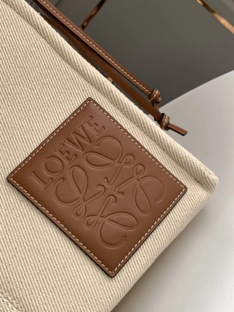 LOEWE Cream and Brown Canvas Leather Tote Bag - Image 4