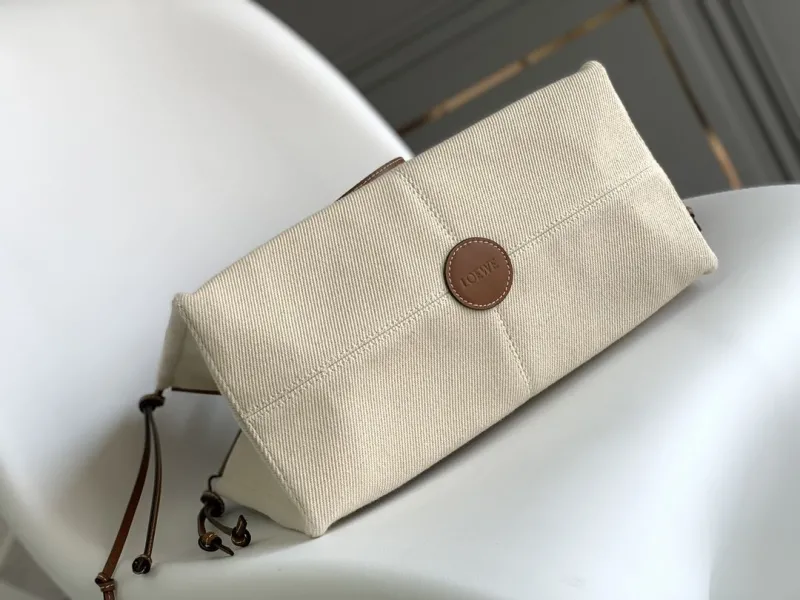 LOEWE Cream and Brown Canvas Leather Tote Bag - Image 5