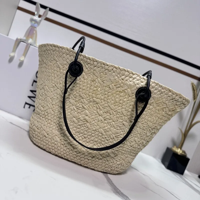 Loewe Straw Tote Bag Beige Black Handles 44 - Image 3
