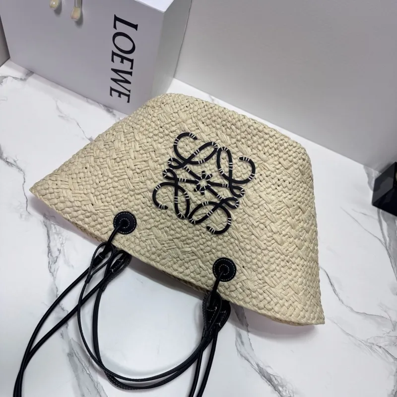 Loewe Straw Tote Bag Beige Black Handles 44 - Image 5