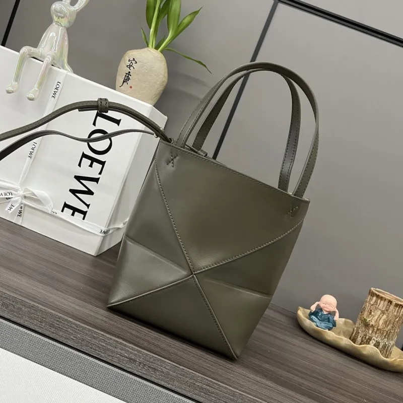 LOEWE Olive Green Leather Tote Bag - Image 3