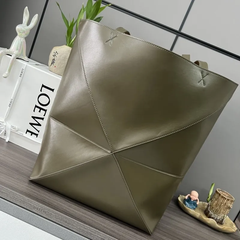 LOEWE Olive Green Leather Tote Bag - Image 3