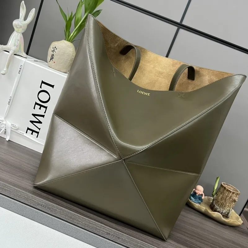 LOEWE Olive Green Leather Tote Bag - Image 5