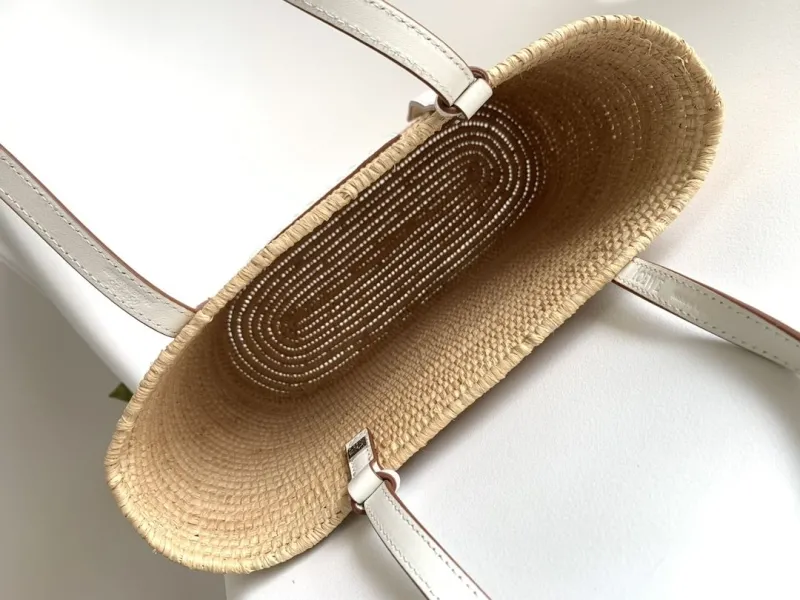 Loewe Natural Woven Straw Tote Bag with White Leather Trim - Image 8