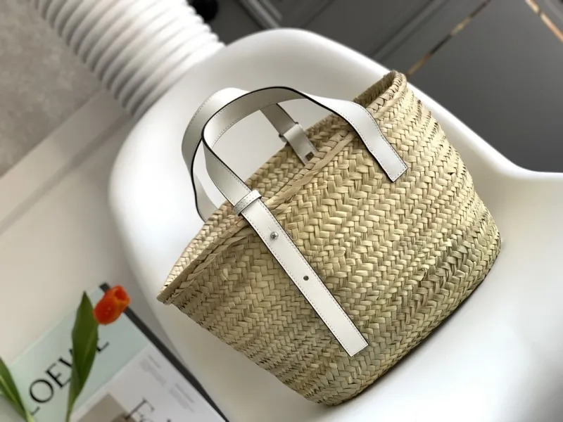 LOEWE White Leather Straw Shopping Tote Bag 106 - Image 3