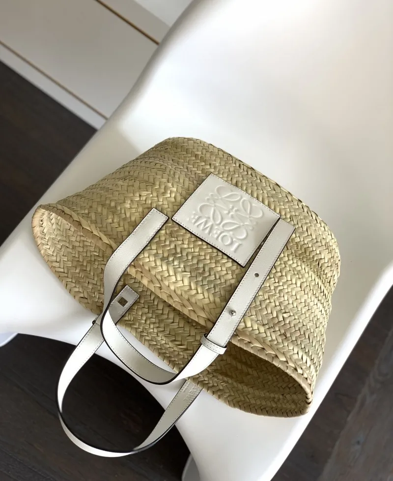 LOEWE White Leather Straw Shopping Tote Bag 106 - Image 9