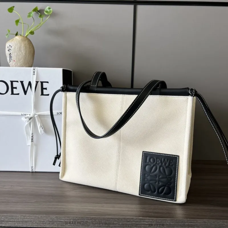 LOEWE Cream Canvas Tote Bag with Black Leather Straps
