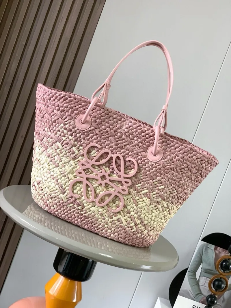 Loewe Pink Cream Woven Straw Tote Bag 135