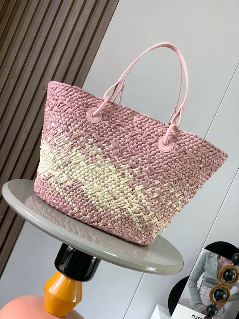 Loewe Pink Cream Woven Straw Tote Bag 135 - Image 3