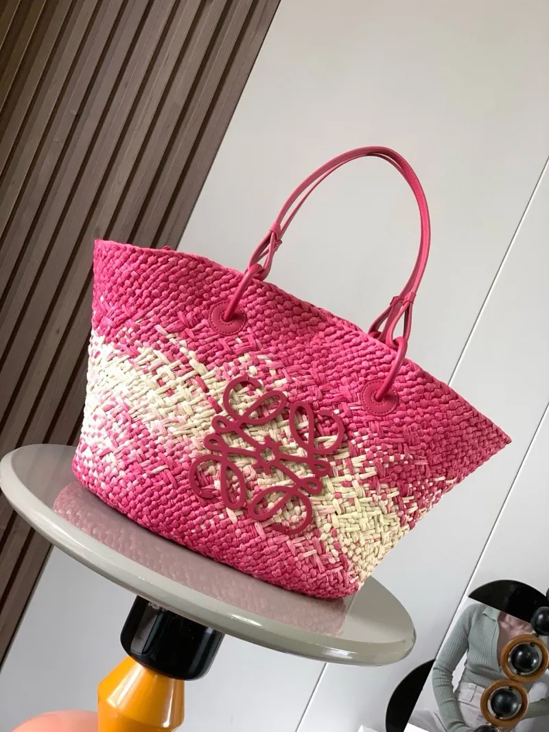 Loewe Pink Beige Woven Straw Tote Bag