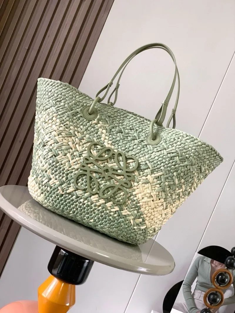 Loewe Sage Green Woven Straw Tote Bag