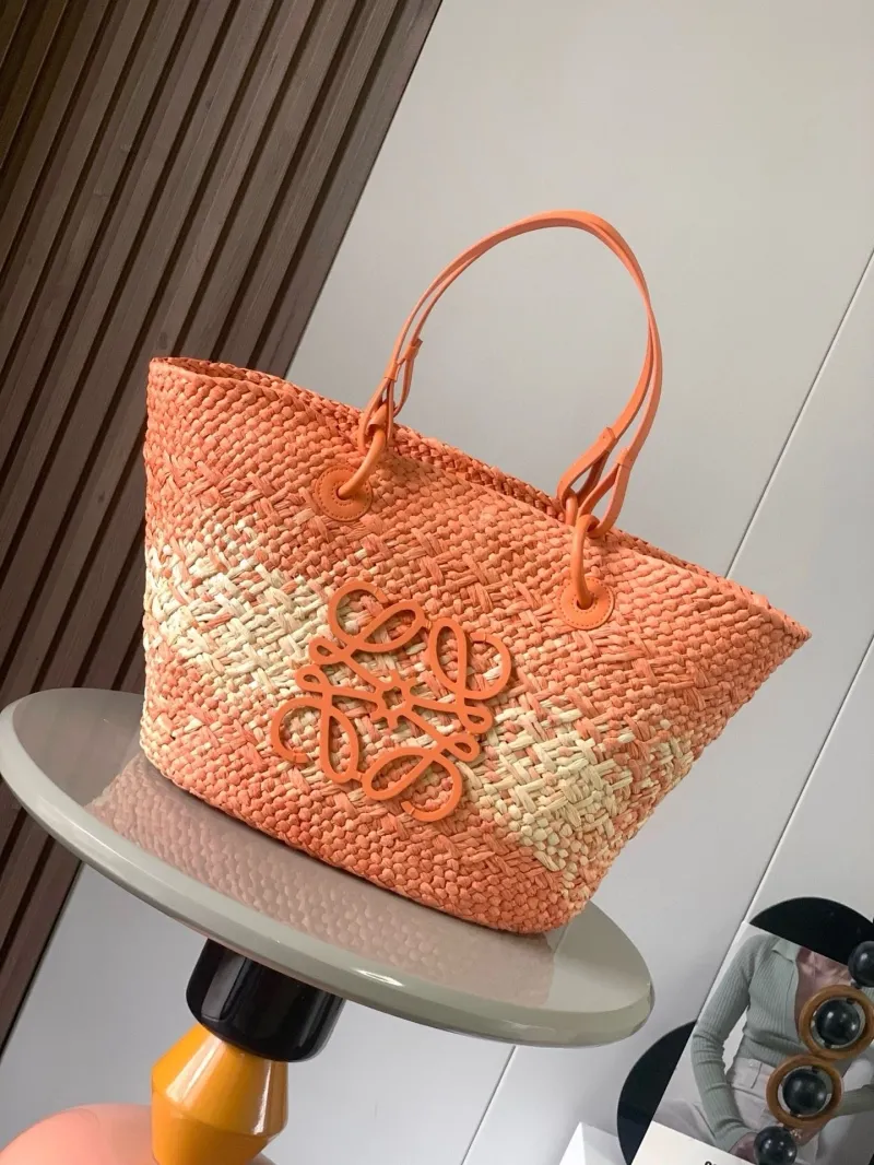 Loewe Orange Beige Straw Tote Bag