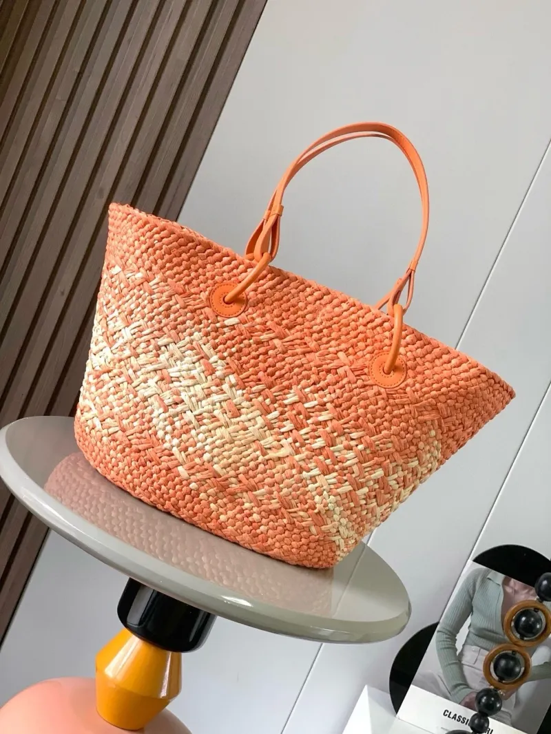Loewe Orange Beige Straw Tote Bag - Image 3