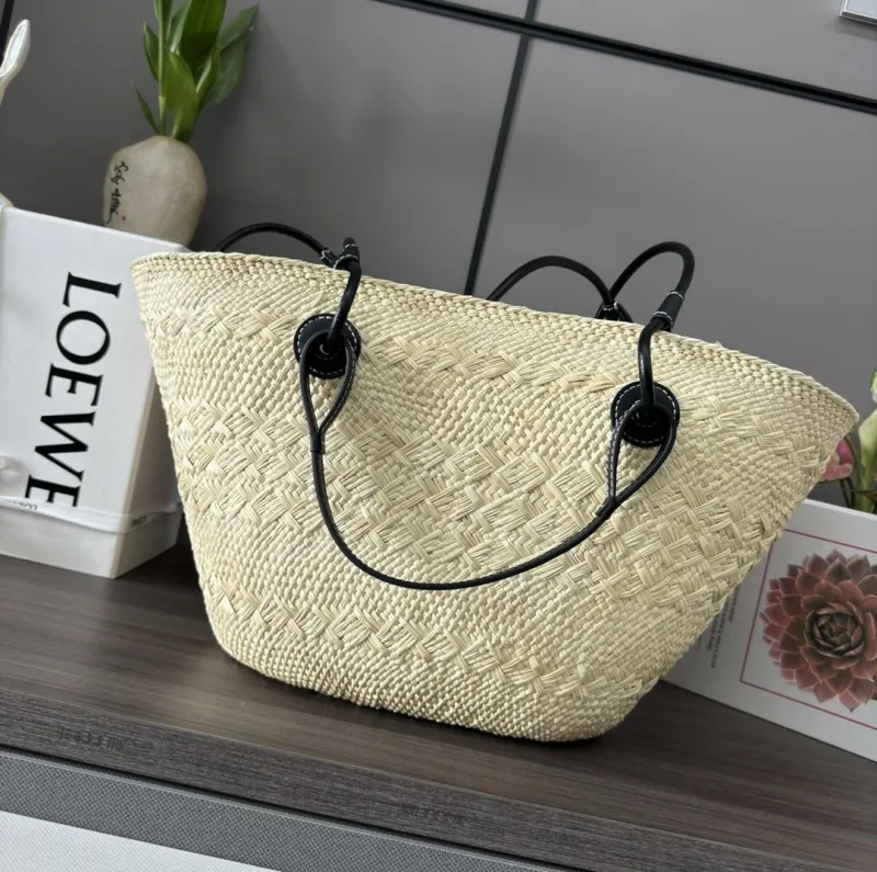 LOEWE Beige Black Straw Tote Bag - Image 3