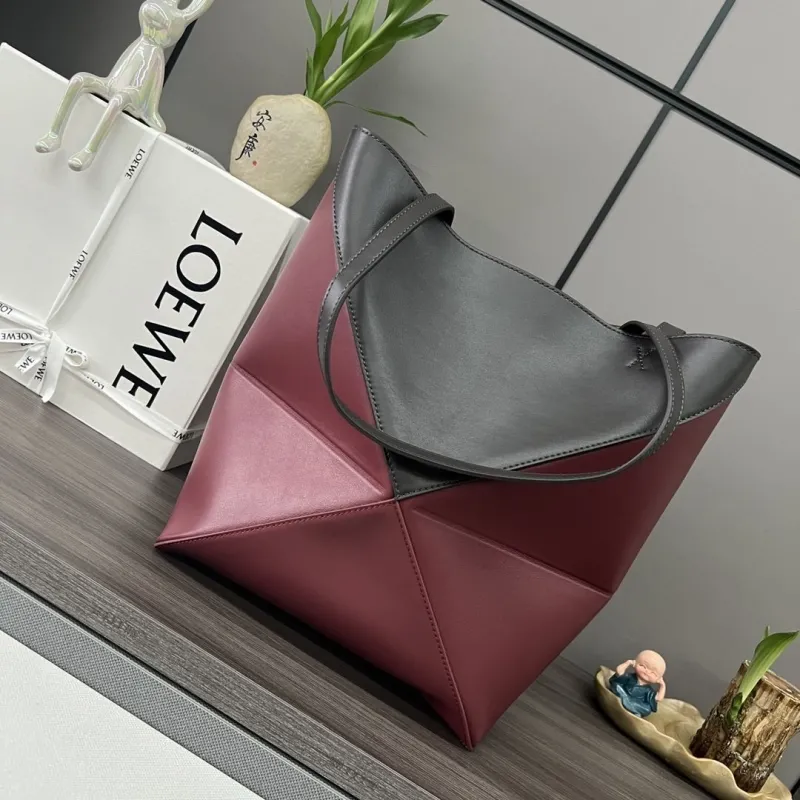 LOEWE Dark Gray Burgundy Leather Tote Bag - Image 3