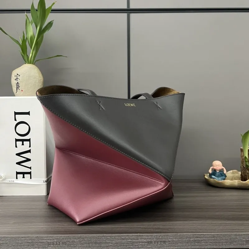 LOEWE Dark Gray Burgundy Leather Tote Bag - Image 6