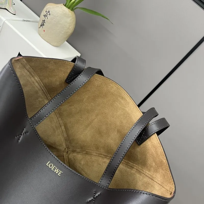 LOEWE Dark Gray Burgundy Leather Tote Bag - Image 9