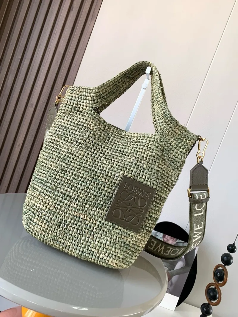 LOEWE Green Woven Straw Tote Bag