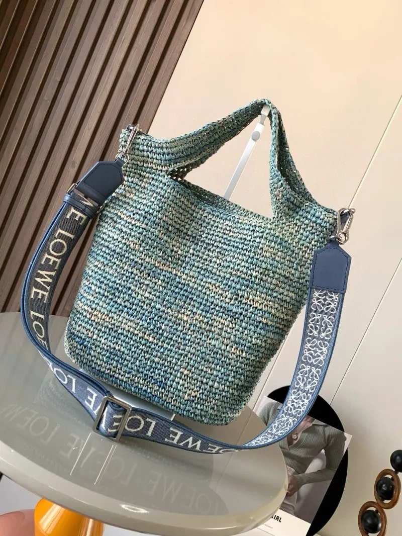 LOEWE Blue Raffia Woven Crossbody Tote Bag - Image 3
