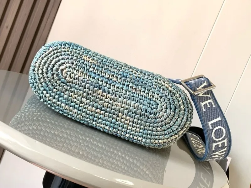 LOEWE Blue Raffia Woven Crossbody Tote Bag - Image 4