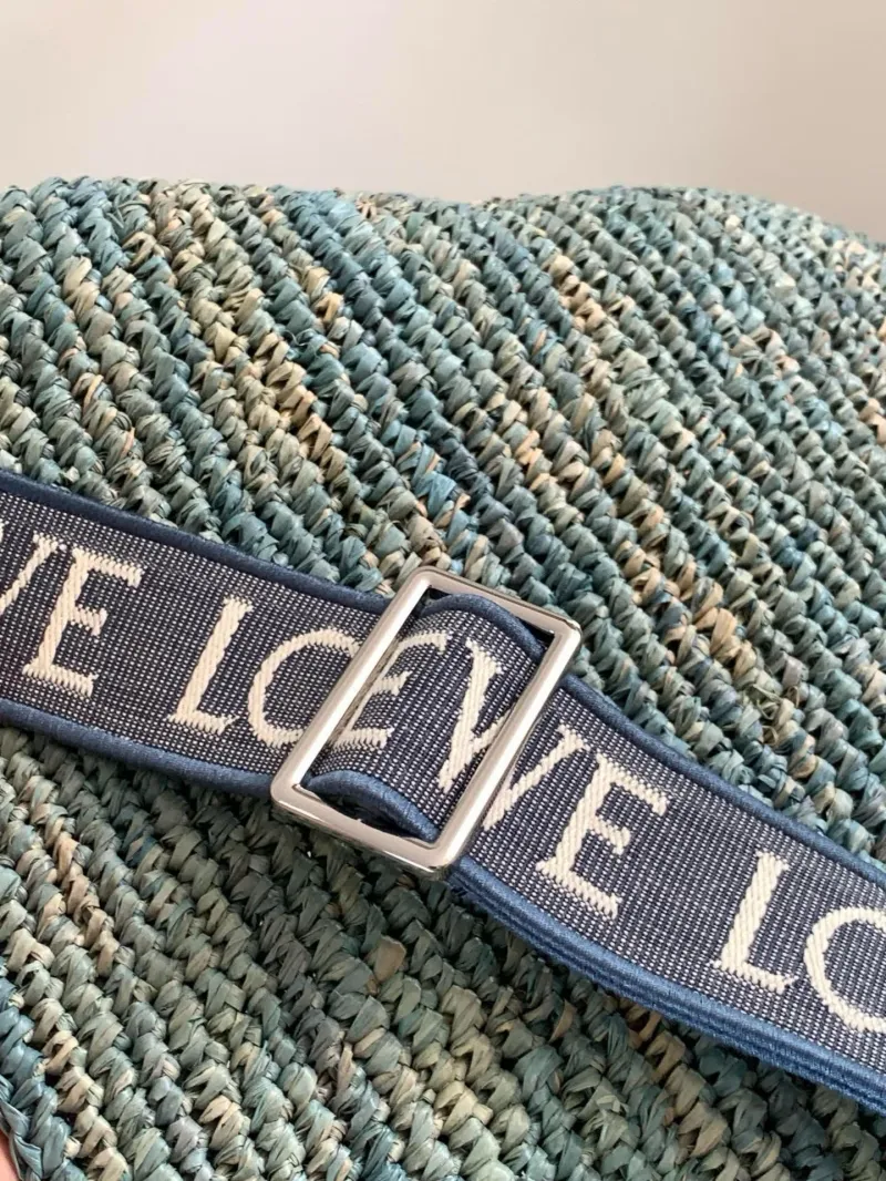 LOEWE Blue Raffia Woven Crossbody Tote Bag - Image 6