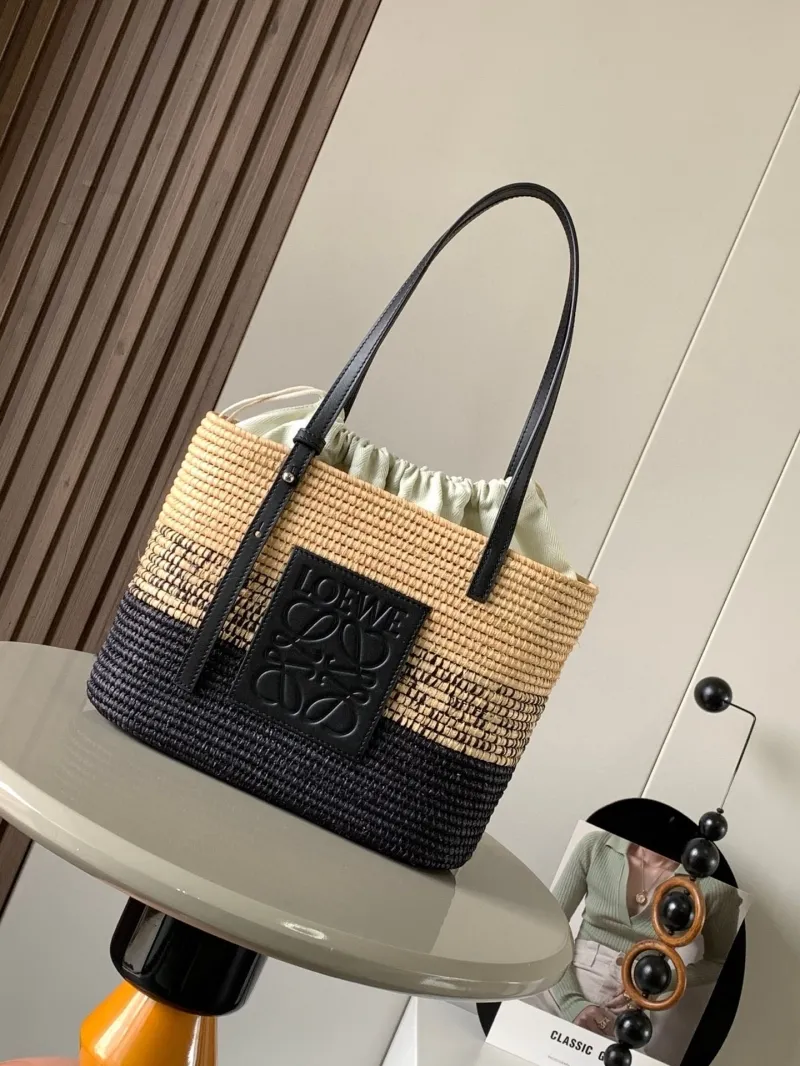 Loewe Beige Black Woven Raffia Tote Bag