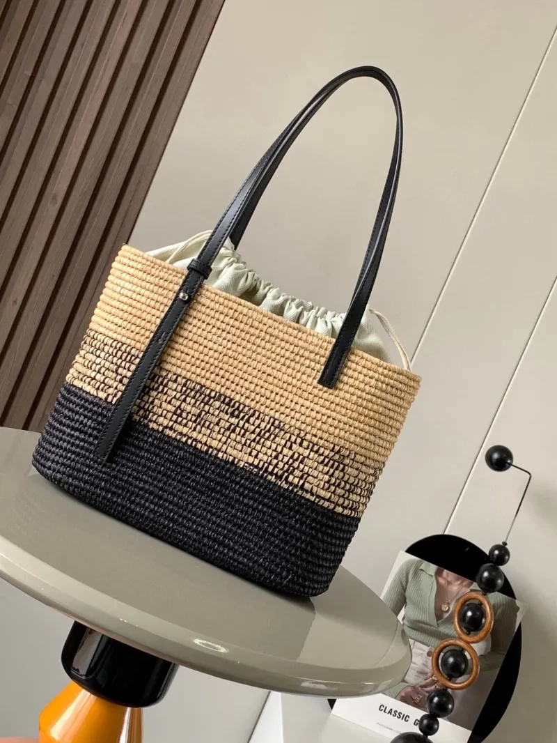 Loewe Beige Black Woven Raffia Tote Bag - Image 4