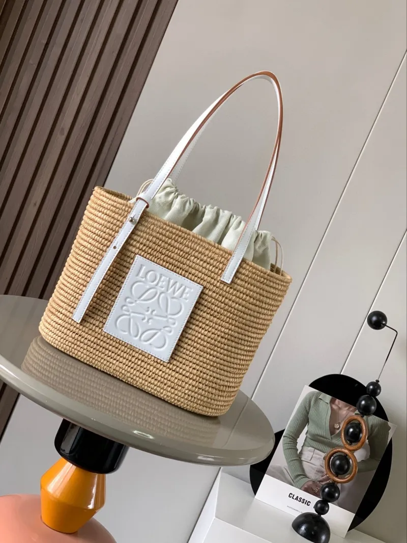 LOEWE Beige Straw Basket Tote Bag White Leather