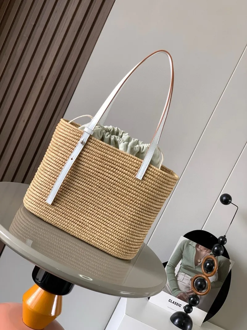 LOEWE Beige Straw Basket Tote Bag White Leather - Image 4
