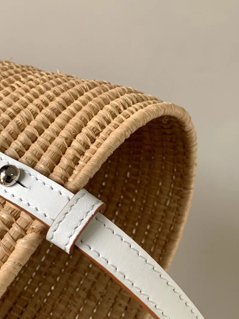LOEWE Beige Straw Basket Tote Bag White Leather - Image 7