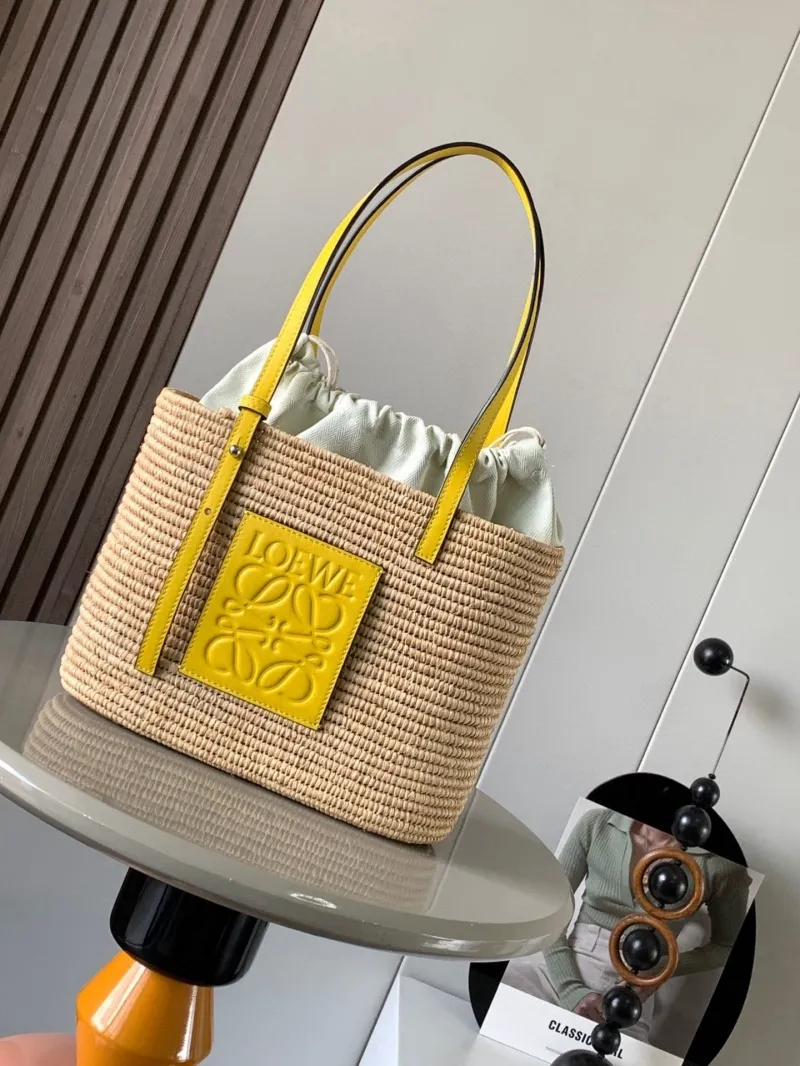 LOEWE Woven Straw Tote Bag with Yellow Leather Handles