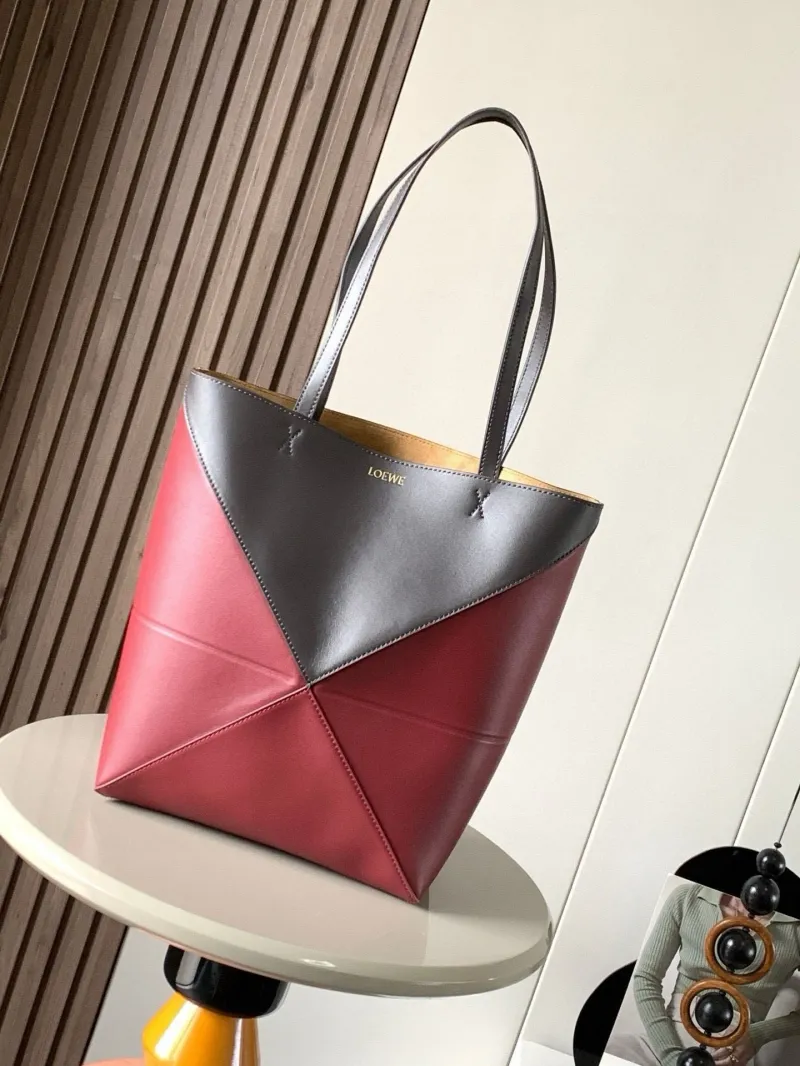 LOEWE Two Tone Red Gray Leather Shopping Tote Bag 197