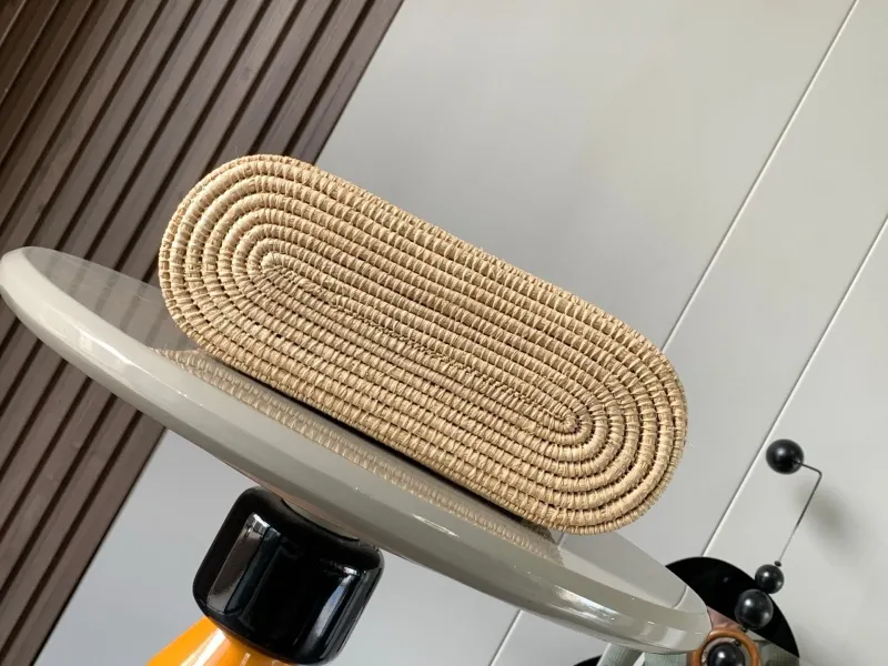 LOEWE Natural Straw Woven Tote Bag with Brown Leather Trim - Image 3