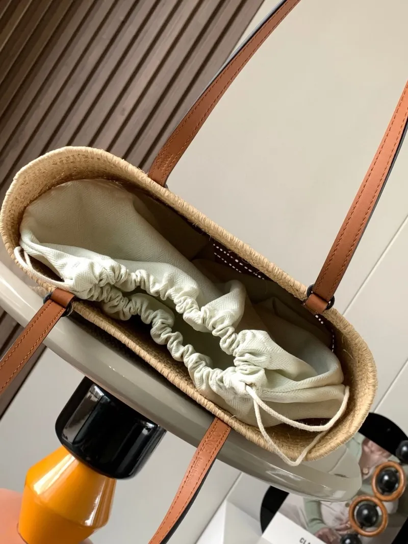LOEWE Natural Straw Woven Tote Bag with Brown Leather Trim - Image 6