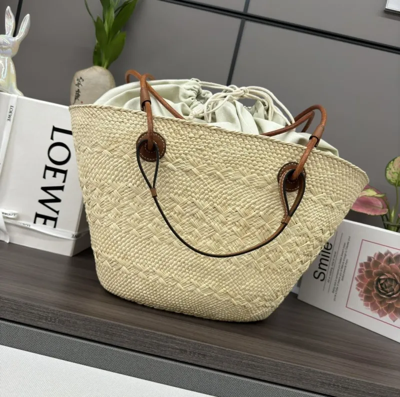Loewe Beige Woven Straw Tote Bag - Image 3