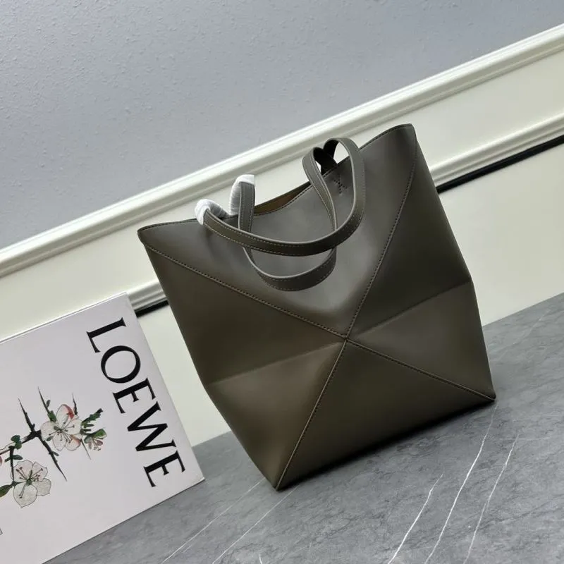 LOEWE Dark Olive Leather Tote Shopping Bag - Image 4